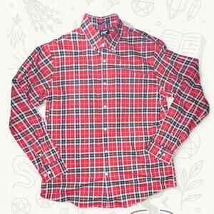 Lands’ End Plaid Button Up Shirt Large Red Black Flannel Style Iron Twill